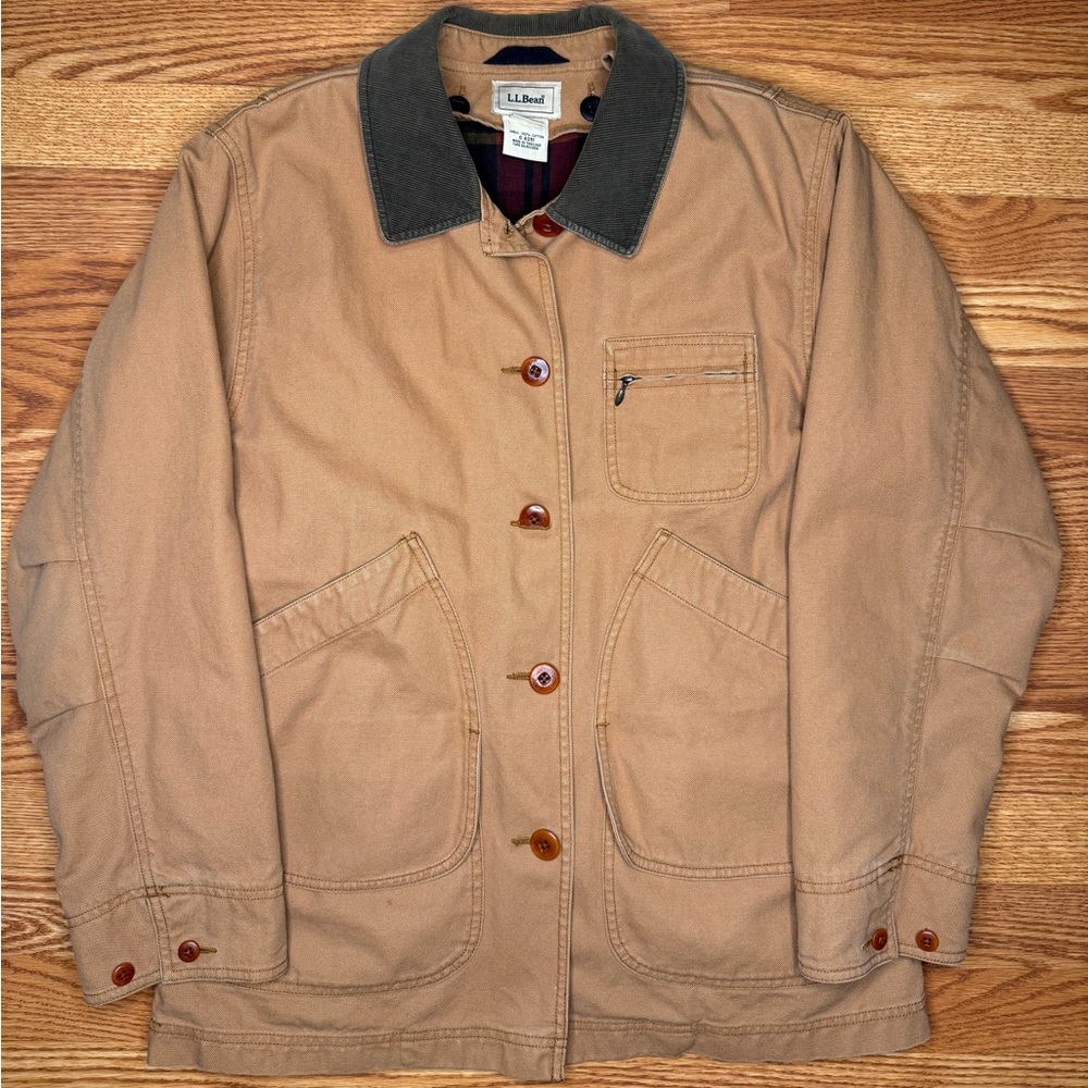 LL Bean Chore Tan Brown Coat Women’s Flannel Lined Corduroy Collar Jacket